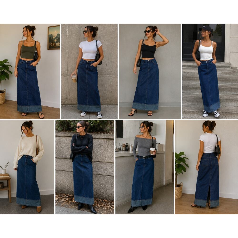Vintage Riveted by Lee Denim Maxi Skirt 8M Dark Wash Y2K Minimalist